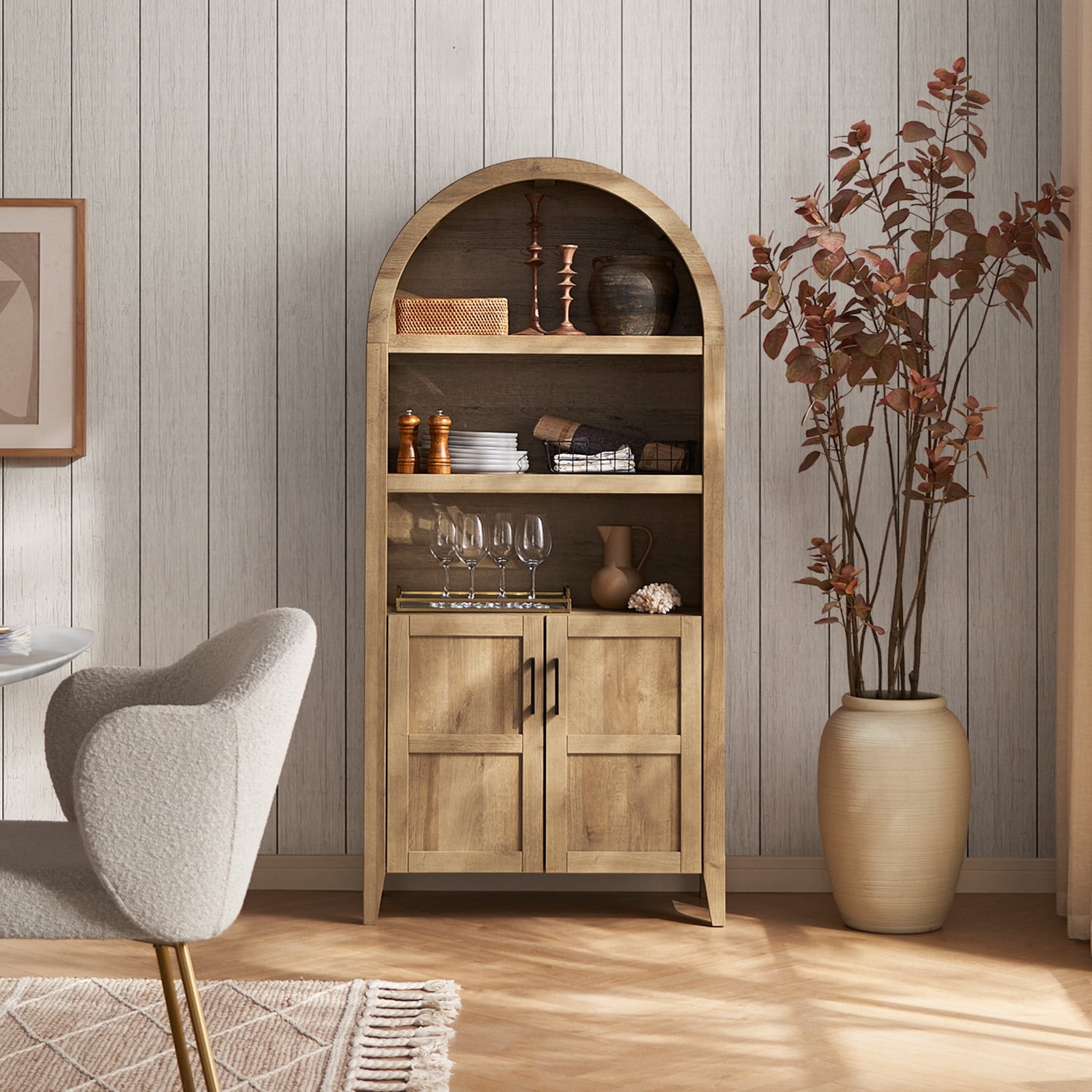 mopio Lauren 65.4" Arched Cabinet, 5-Tier Arched Bookcase with Doors and Shelves, Arched Bookshelf with Storage, Kitchen Pantry Cabinet, Wooden Storage Cabinet for Living Room, Kitchen (Oak)