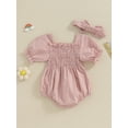 thumbnail image 5 of Musuos Infant Baby Girl Summer Jumpsuit 0-18Months  Solid Color Short Sleeve Square Neck Shirred Romper with Bow Headband, 5 of 10