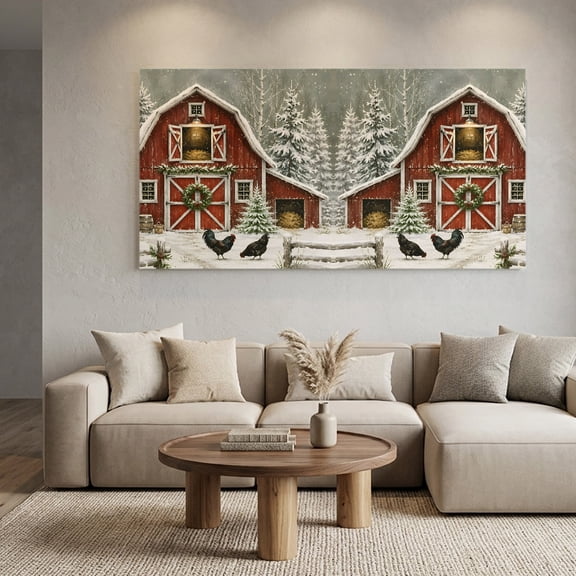 Winter Country Landscape Canvas Wall Art, Classic Red Barn Chicken Pine Trees Wall Art Prints Artwork Framed Canvas Ready to Hang Art Pictures for Living Room Villa Entrance Lobby 40" x 20"