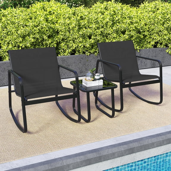 Costway 3 Piece Patio Rocking Set 2 Rocking Bistro Chairs & Glass-Top Table for Porch