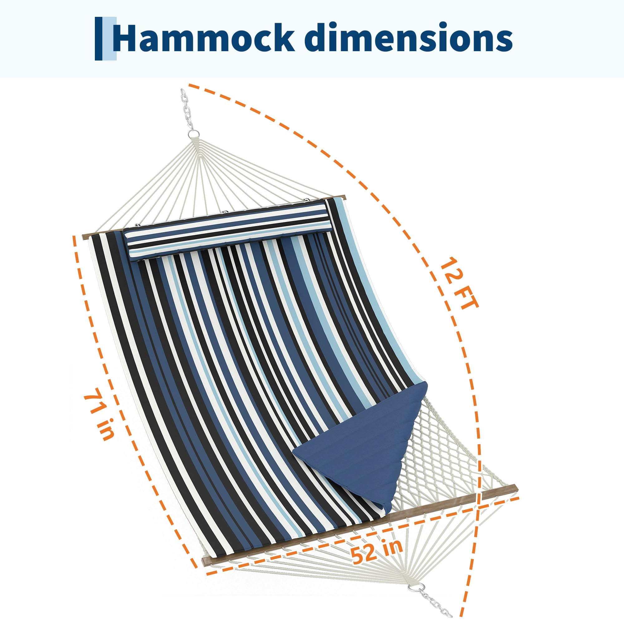 12FT Hammocks 2 Person, Double Quilted Fabric Outdoor Hammock with Spreader Bar, Large Removable Pillow, Storage Pockets, Carabiners, 450 Lbs Capacity, for Hiking, Beach, Blue Striped