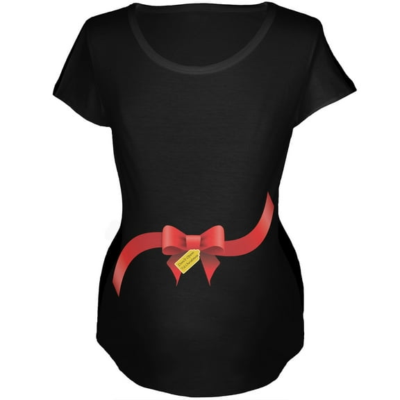Dont Open 'Til Christmas Bow Black Maternity T-Shirt - Large