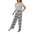 thumbnail image 4 of Women's 2 Piece Outfits Pajamas Casual Short Sleeve Crewneck Tops and Wide Leg Plaid Pants Set Sleepwear with Pockets, 4 of 7
