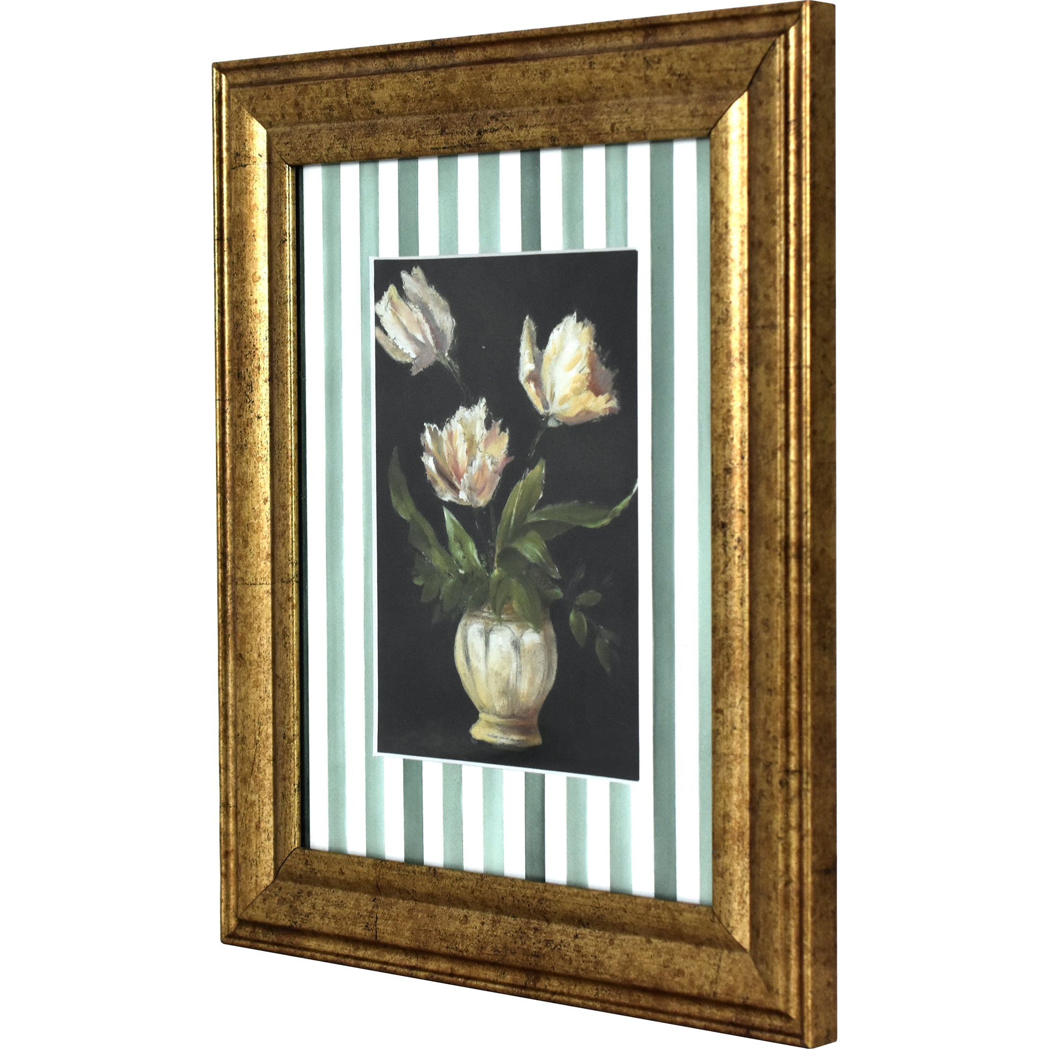 Home Decor Collection Moody Tulips with Watercolor Stripes Pine Green Vintage Antique Frame 10x12 Wall Art Decor, Rectangle Farmhouse Vintage Wall Art for Bedroom, Living Room, Bathroom, or Office