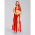 thumbnail image 7 of Aislor 2Pcs Womens Sequin Tassels Belly Dance Costume Halter Crop Top with Mesh Long Skirts Set Red XXL, 7 of 7