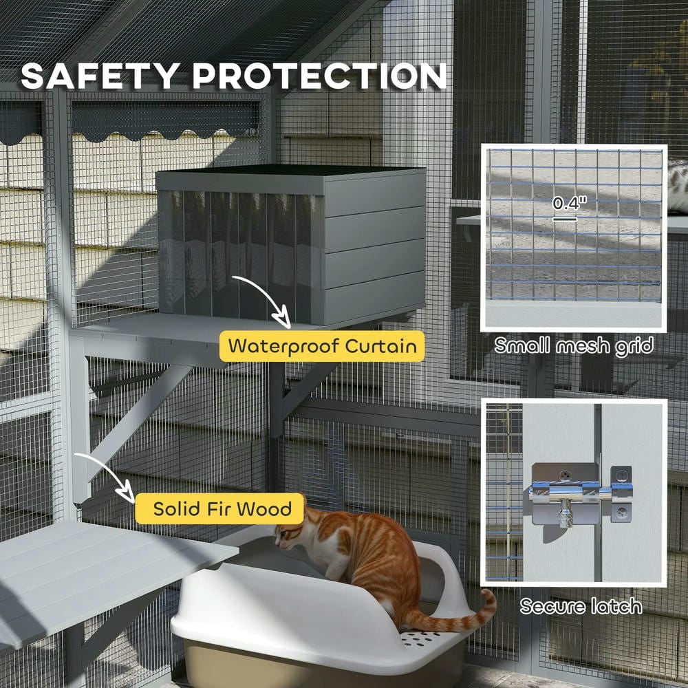 Kepooman Cat House, Cat Catio,Outdoor Cat Enclosure with Waterproof Cover, 2 Condos, 4 Platforms, Bridge, Doors, Gray