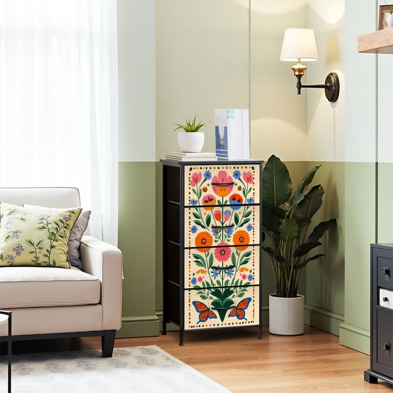 Boho Dresser for Bedroom with 4 Storage Drawers Vintage Flower Colorful Desert Cactus Boho Botanical Floral Butterfly Dressers Chest of Drawers Steel