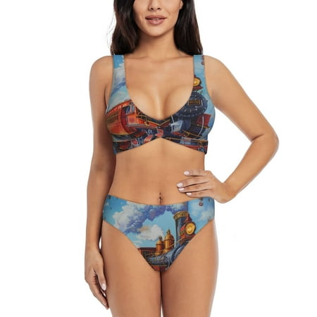 Zeuib Cartoon Train Hot Air Balloon High Waisted Tummy Control Bikini Set - Knot Front Push Up Top & Cheeky Thong Bottom  Two-Piece Swimsuit for Women-Medium