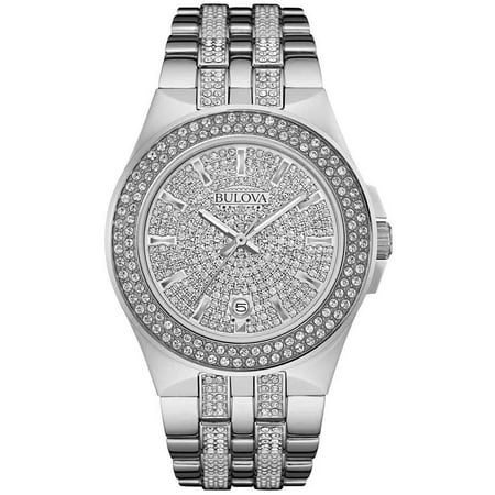 Bulova Mens Crystal Accented Stainless Steel Case and Bracelet Silver Dial Silver Watch - 96B235