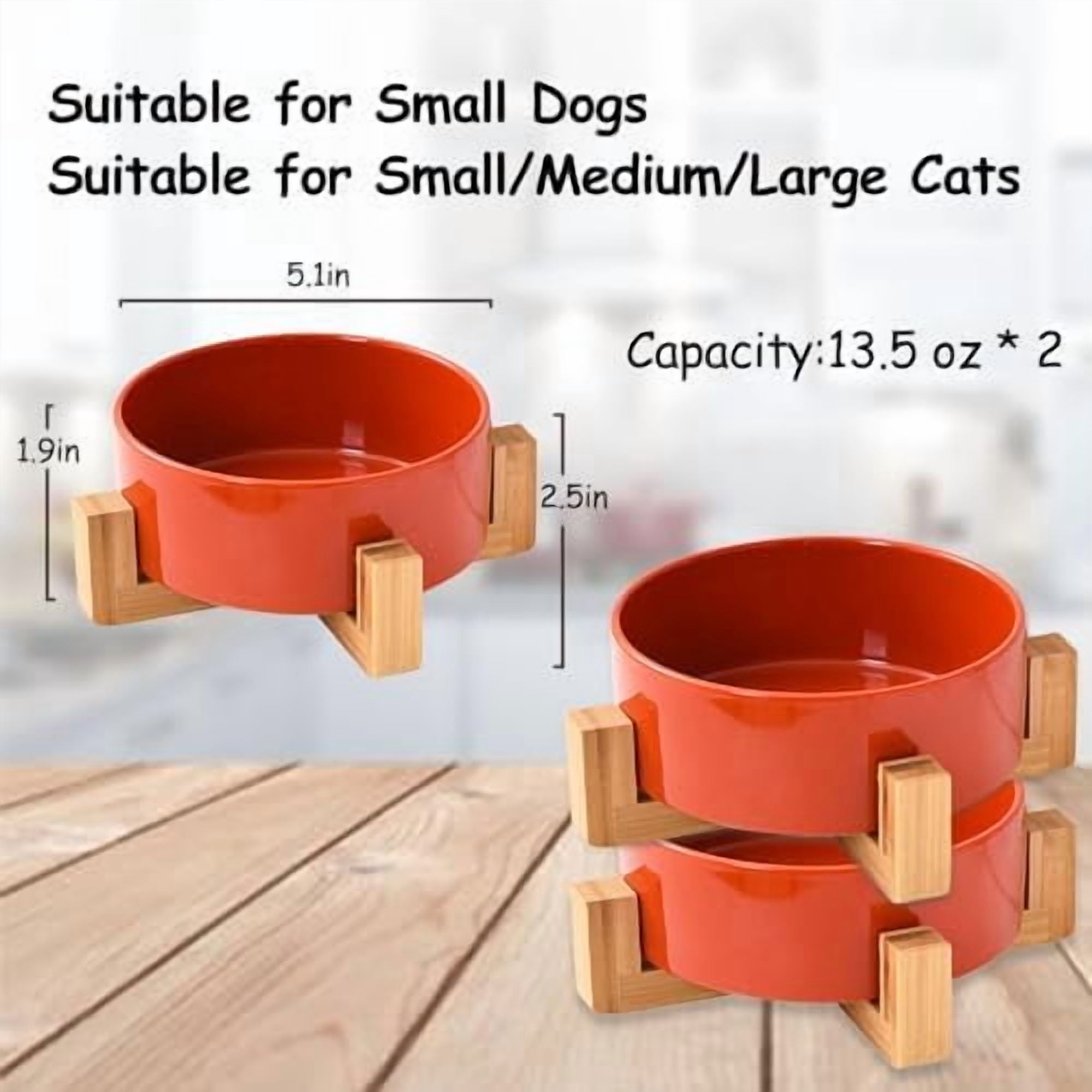 Ceramic Dog Bowl Set with Stand, Small Cat Dog Food and Water Bowl, Anti-Slip Set of 2 Bowls - 13.5 OZ (5.1In / 1.7 Cups) Rust Red