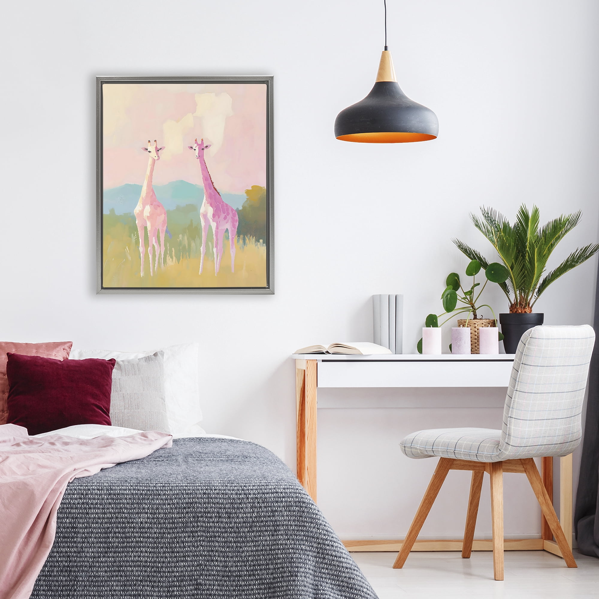 Stupell Industries Pink Giraffes on Savanna Gray Framed Floater Canvas Wall Art, design by The Prints Vibe