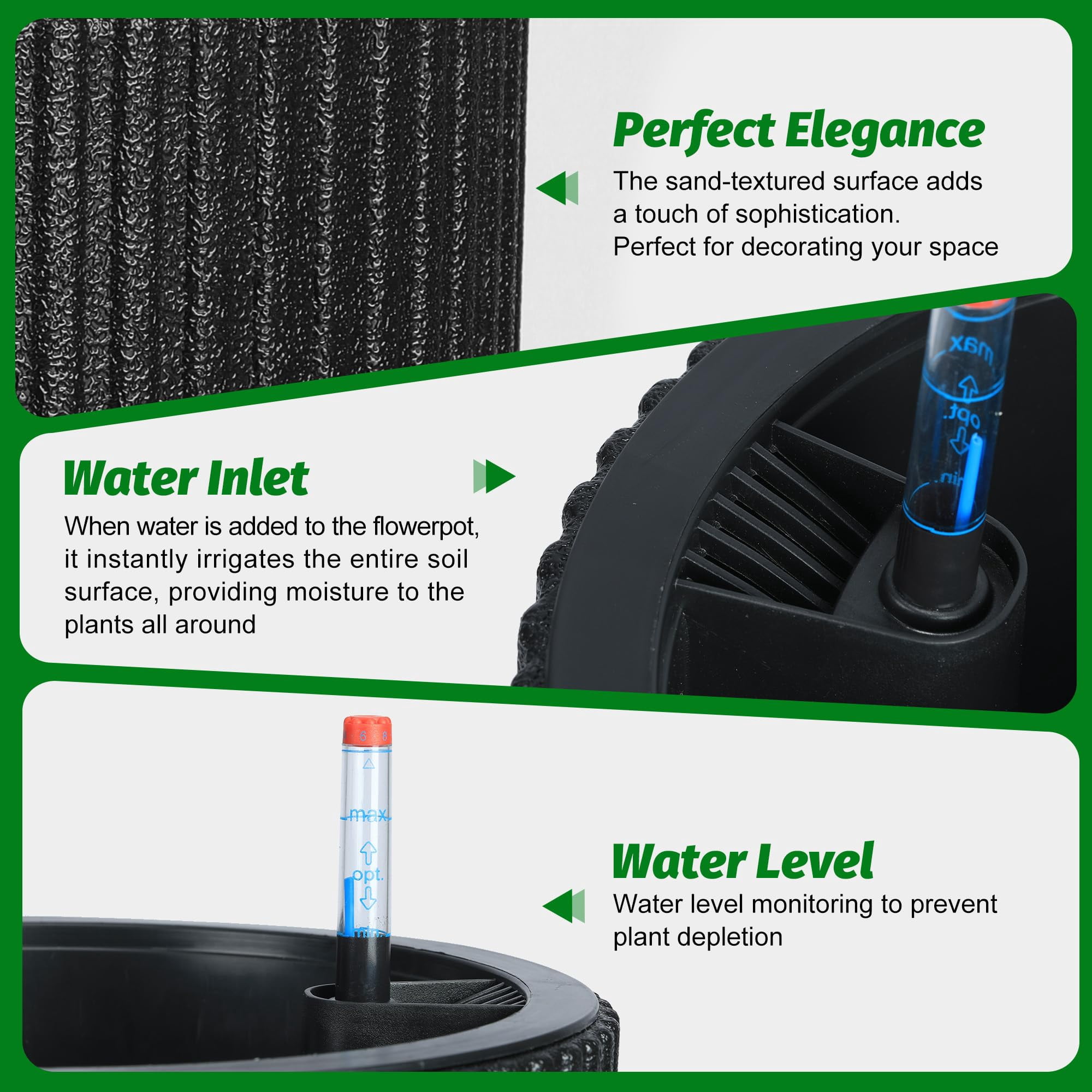 Kojooin 14.2" Planters Set of 2 – Self Watering Flower Pots with Drainage Holes & Water Level Monitor for Patio, Home, Office, Porch, Living Room