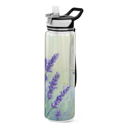 Wobogo Sports Water Bottle 34oz with Straw BPA-Free Tritan for Gym Travel & Outdoor Activities Mystic Lavender Butterfly Print