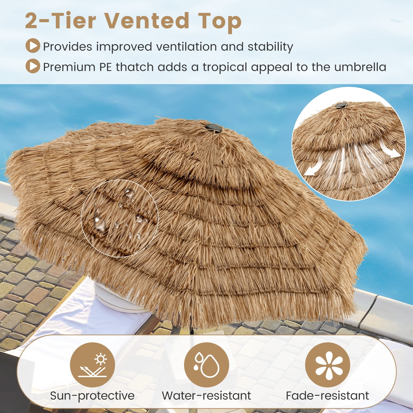 Gymax 10 FT Hula Thatched Tiki Umbrella 2-Tier Hawaiian Style Solar Patio Umbrella