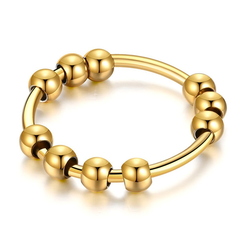 Fidget Anxiety Ring for Women 14K Yellow Gold Spinner Rotate Beads Anti-Stress Rings For Men Jewelry