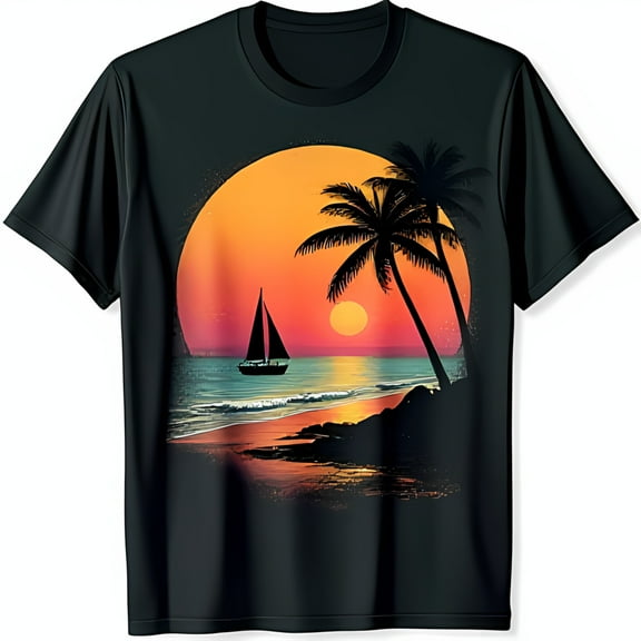 Vibrant Sunset Sailboat Black T-Shirt for Beach Days & Summer Fun