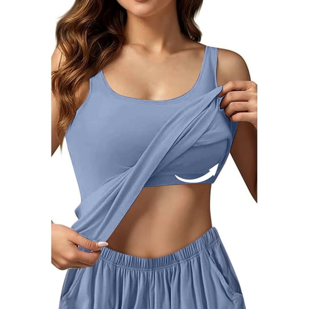 MKLEKYY Pijama De Dos Piezas Para Mujer, Conjunto De Pijama Informal Con Camiseta Sin Mangas Y Pantalones Cortos Y Sujetador Incorporado