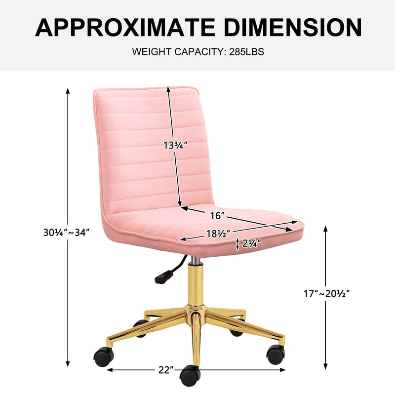 Modern Armless Office Chair, Adjustable Height Upholstered Desk Chair with Rolling Casters and Gold Metal Base, Task Chair for Home Office, Vanity, Bedroom,Pink