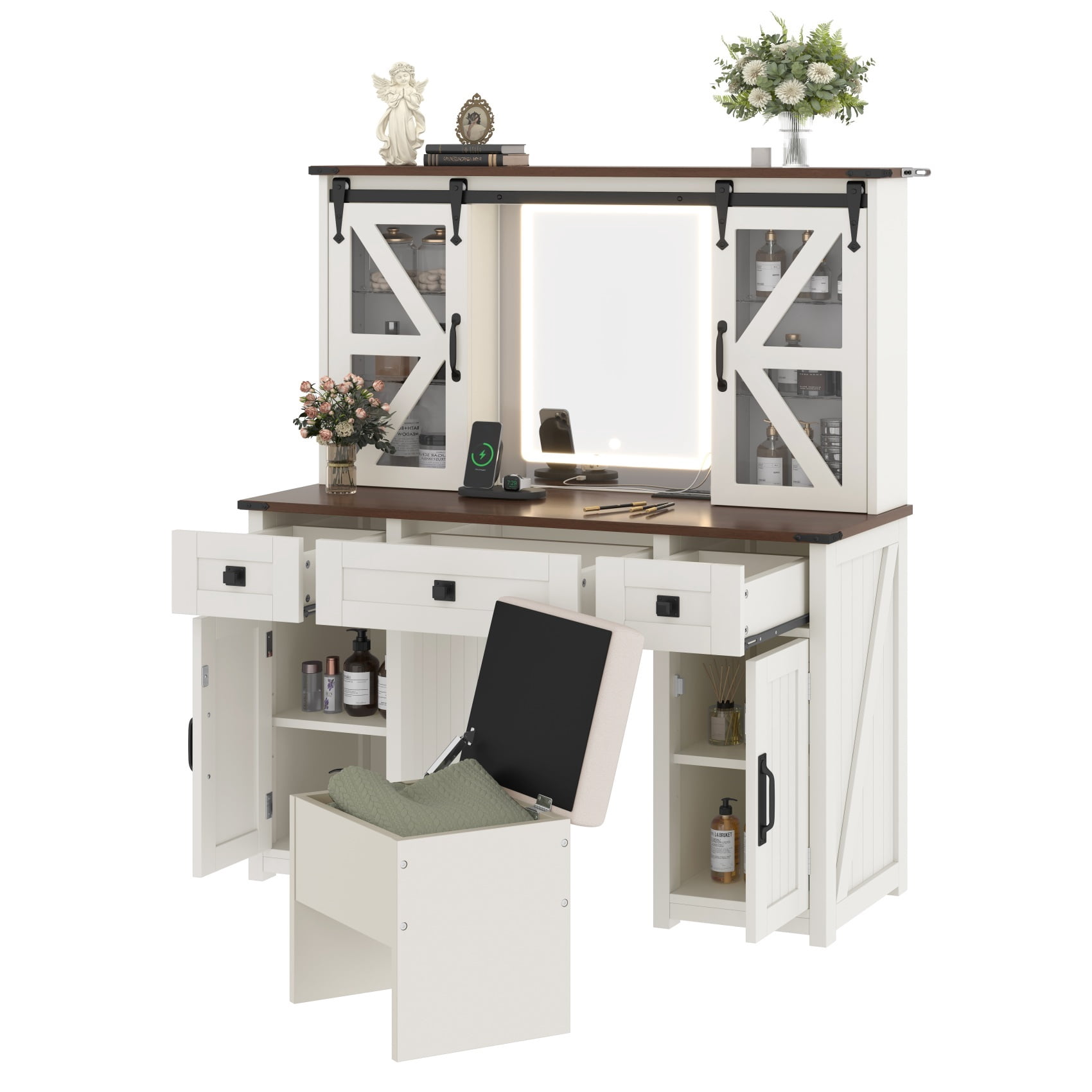 Alvantor 43.3" Makeup Vanity with Mirror and Light, Vanity Table Set with Storage Stool and Charging Station, Dressing Table with Hidden Shelves & Cabinets for Bedroom, Beige