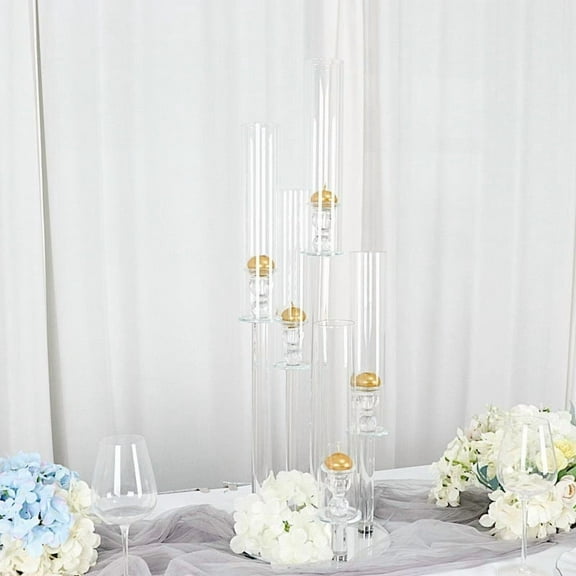 BalsaCircle 32" Clear 5 Arm Round Crystal Glass Candelabra Taper Candle Holder Party Events Decorations