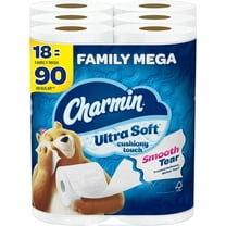 Charmin Toilet Paper Ultra Soft Cushiony Touch, 18 Family Mega Rolls = 90 Regular Rolls