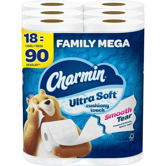 Charmin Toilet Paper Ultra Soft Cushiony Touch, 18 Family Mega Rolls = 90 Regular Rolls