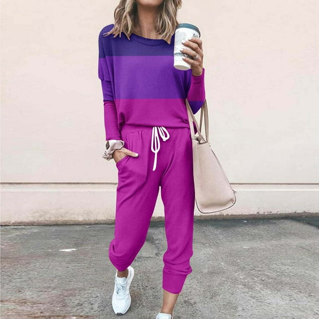 Qetyuw Womens Plus Size 2 Piece Tracksuit Set Long Sleeve Shirts and Drawstring Joggers Color Block Loose Fit Lounge Sets Fall Outfits