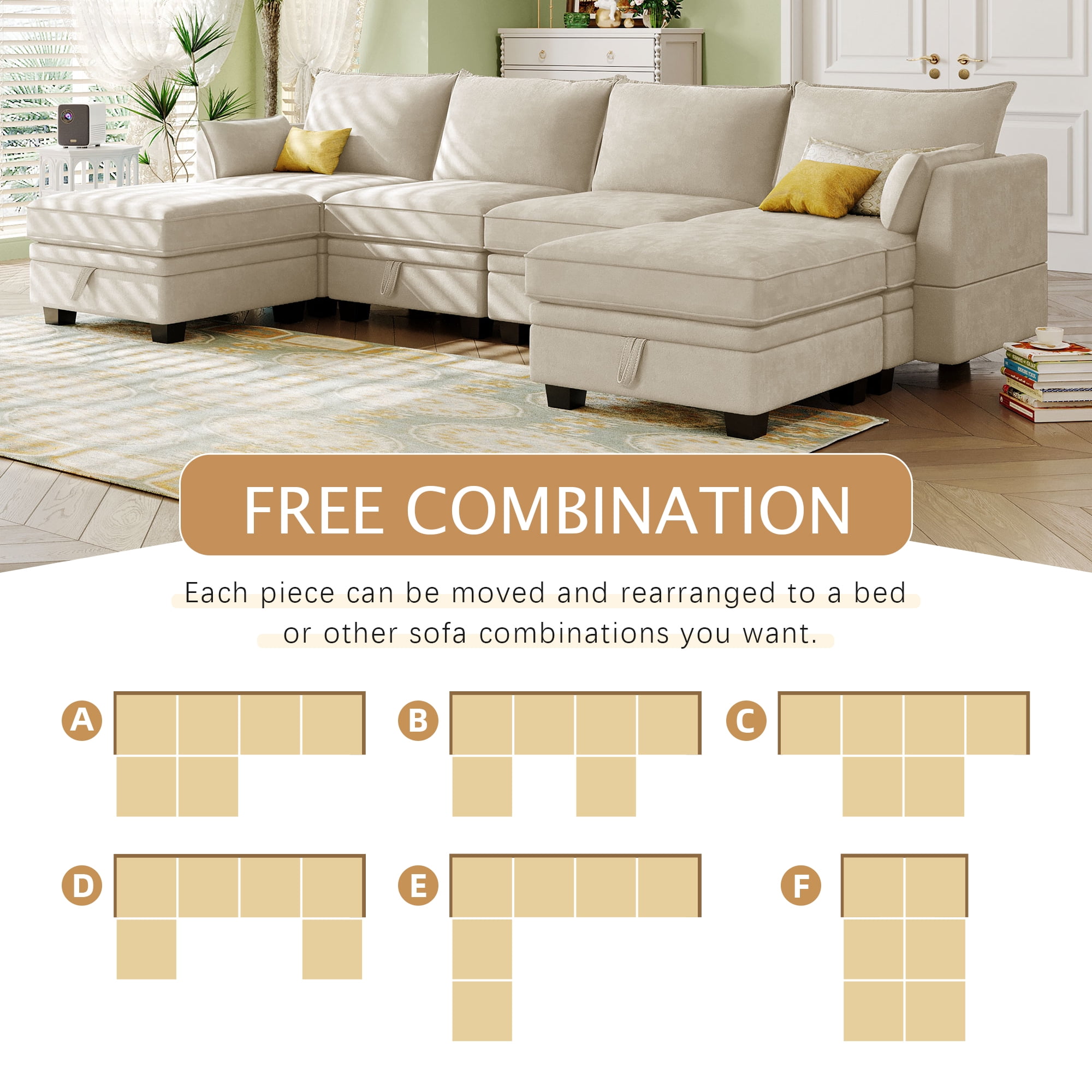 YYAo Modern Large U-Shape Modular Sectional Sofa, Reversible Sofa Bed with Storage Seat for Living Room, Beige YYAo Modern Large U-Shape Modular Sectional Sofa, Reversible Sofa Bed with Storage Seat for Living Room, Beige