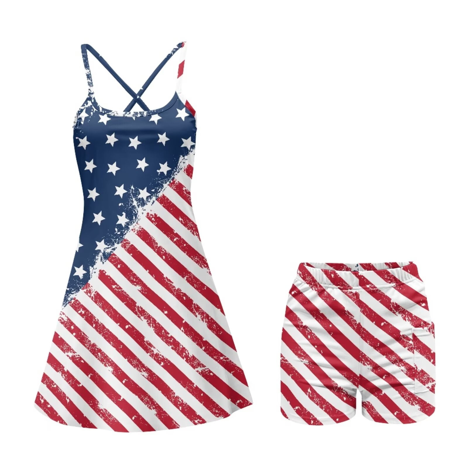 Psesaysky Patriot Athletic Dress for Women USA Flag Print Mini Length Crew Neck Sleeveless Built in Shorts with Pockets Tennis Golf Dress, Size XS