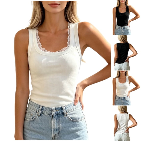Purcolt Womens Ribbed Knit Tank Top Dressy Casual Lace Trim Square Neck Wide Thick Strap Basic Camisole Comfort Stretchy Sleeveless Slim Fit Blouses