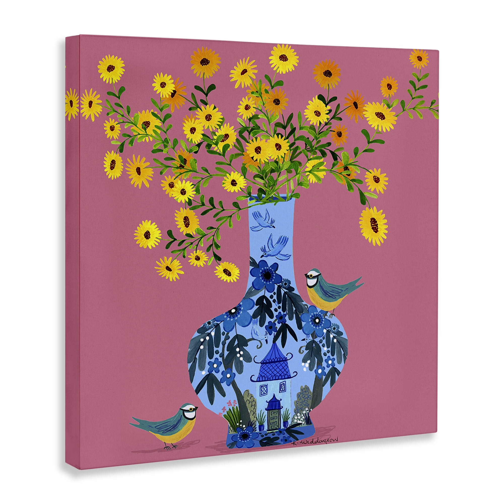 Stupell Industries Ornate Vase with Daisies Floral Painting Wrapped Canvas Canvas Art Print Wall Art, 30 x 30