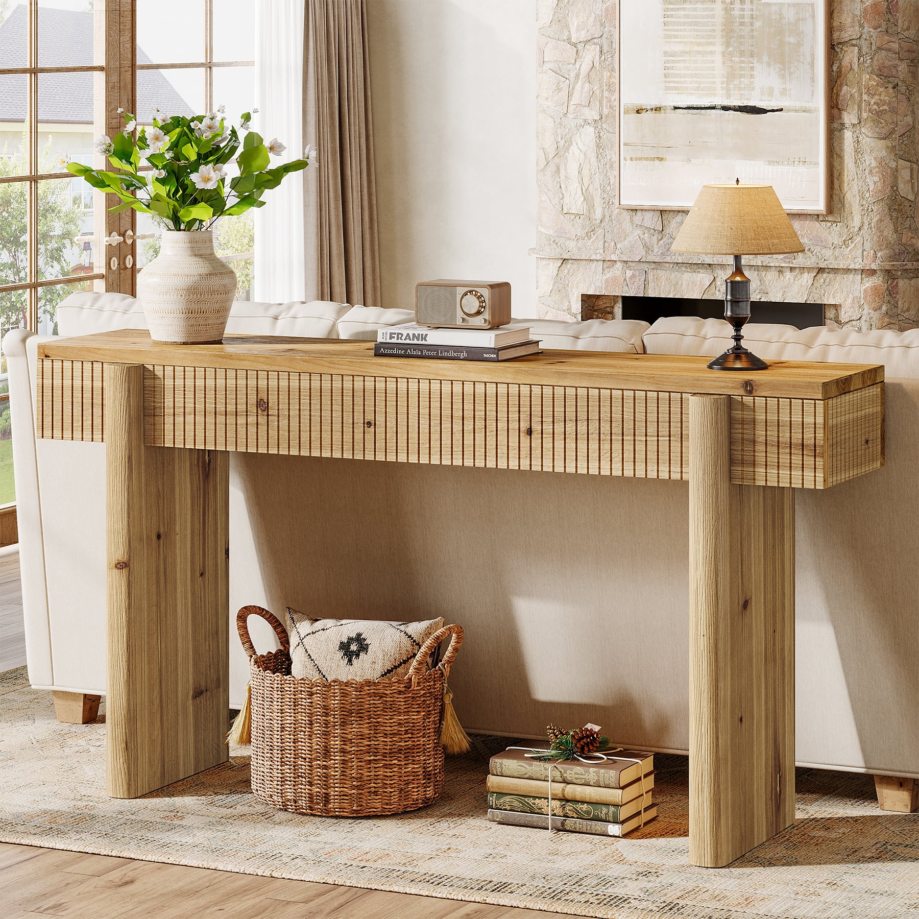 Finmind 55-inch Solid Wood Console Table, Farmhouse Entryway Table, Rectangular Sofa Console with Fluted Top, for Living Room, Hallway, Natural Brown