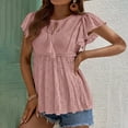thumbnail image 5 of YYDGH Babydoll Tops for Women Tie V Neck Ruffle Short Sleeve Lace Eyelet T Shirts Summer Casual Loose Fit Flowy Peplum Blouses Pink S, 5 of 5