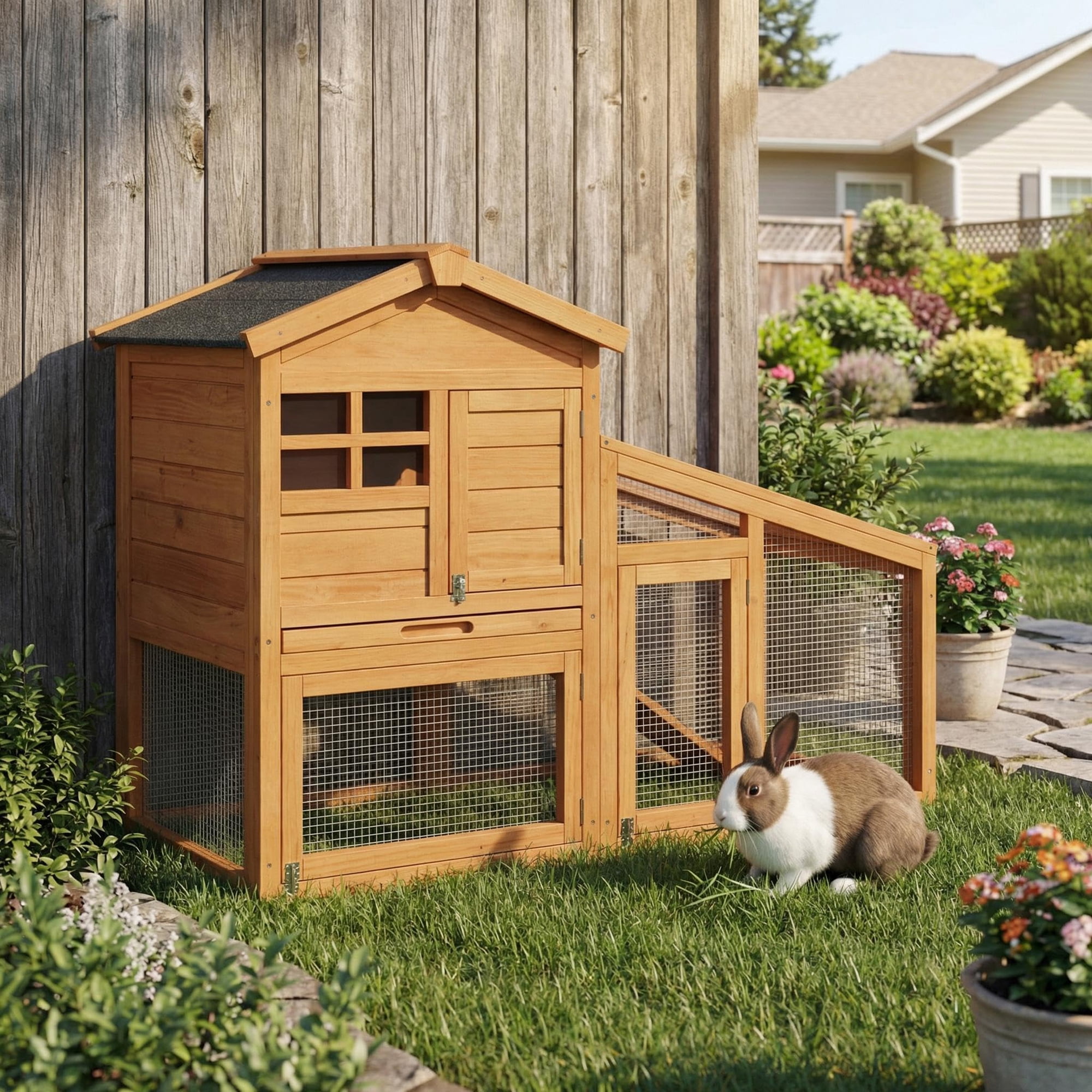 Boupower 54" 2-Tier Wooden Rabbit Hutch Outdoor with Run, Weatherproof Asphalt Roof, Removable Tray, 6 Doors for Rabbits Guinea Pigs Chinchillas