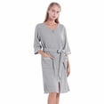 thumbnail image 3 of Women's Zipper Robe 3/4 Sleeve House Wear Knee Length Sleepwear Soft Casual Waffle Knit Housecoat with Pockets and Belt, S-2XL, 3 of 7