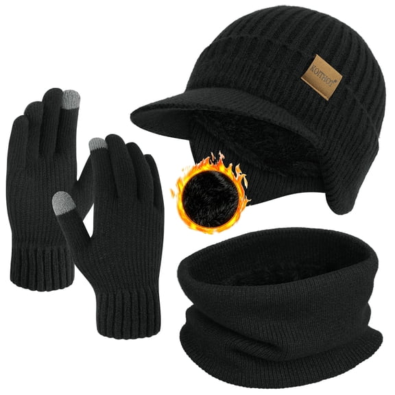 KOITHOT 3 Pcs Winter Beanie Hat with Brim and Ear Flaps Knitted Line Neck Warmer Touchscreen Gloves Set for Men Black