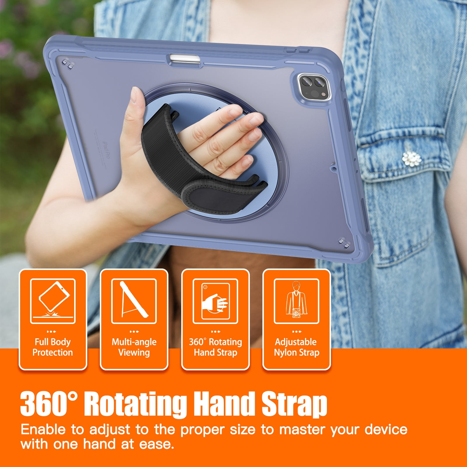 Dteck Case for iPad Pro 12.9-inch 3rd/4th/5th/6th Generation (2018/2020/2021/2022),Military Grade Shockproof Silicone Cover 360° Rotatable Stand- Shoulder Strap- Handle- Pencil Holder,Grey