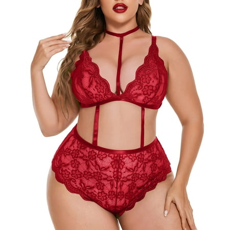 

Dtydtpe lingerie for women Women Plus Size Lingerie Lace Bodysuit Exotic Teddy Lingerie Strappy Bra And Panty With Choker Red