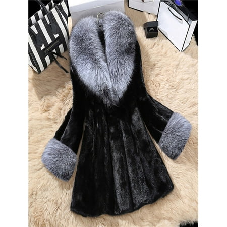 Mink Car Coat - Women Long Section Of Imitation Mink Fox Coat With Cap Fur Coat BK/L