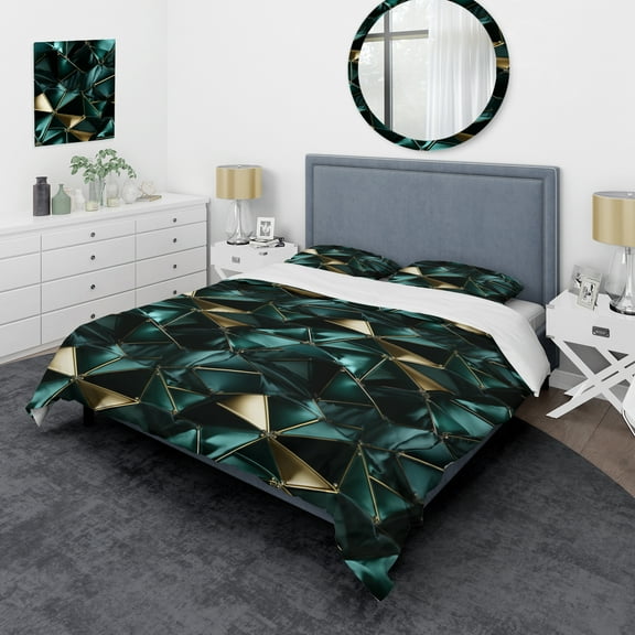 Designart "Emerald Luxury In Gold Marble" Marble Bedding Covert Set - Glam Bed Set With 2 Shams