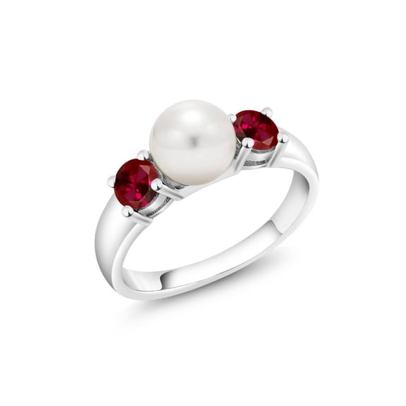 Gem Stone King 925 Sterling Silver Freshwater Pearl and Red Created Ruby Ring for Women (0.80 Cttw, Gemstone July Birthstone, Size 8)