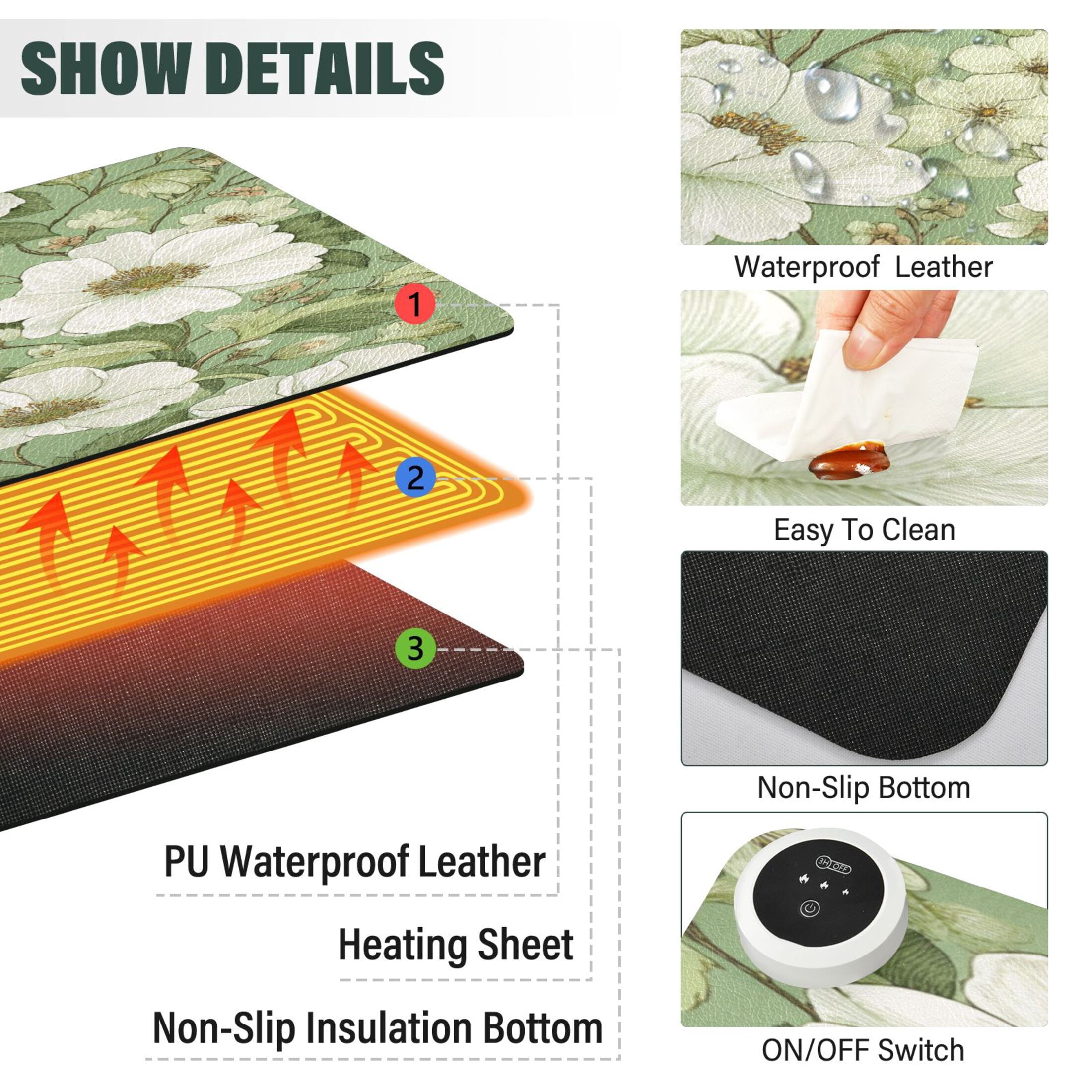 Large Heated Desk Mat Mouse Pad 31.5"x13"PU Leather Graphene Heating Desk Warmer with 3 Temperature Settings 110V US Plug Non-Slip Warm Pad for Home, Office, and Gaming Soft Green Floral Seamless