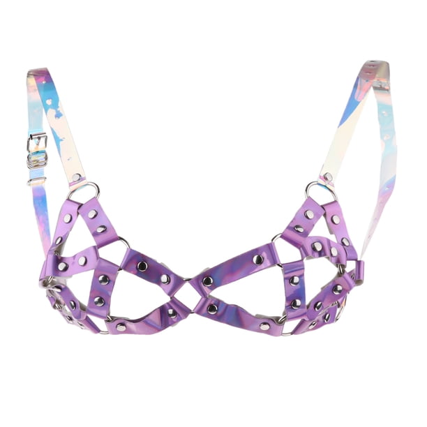 de arnés Punk para mujer, cinturones de cintura ajustables, arnés corporal para el pecho, correas, disfraz de juego de rol, ropa para 紫色 + 镭射 Soledad jaula sujetador arnés bralette