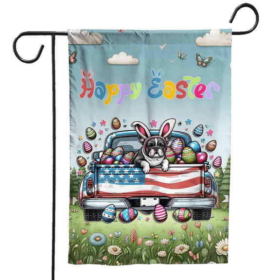 Happy Easter French Bulldog American Flag Truck Bunny Ears Garden Flag 12x18in Double Sided Dog Lover Gifts Outdoor Decor - 03001