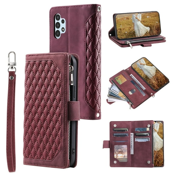 Galaxy A13 Wallet Case 4G with Crossbody Strap,Galaxy A13 Case with Card Holder, Premium Faux Leather Magnetic Folio Kickstand Cover [Long/Short Strap] For Samsung Galaxy A13 4G, Winered