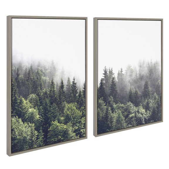 Kate and Laurel Sylvie Lush Green Forest on a Foggy Day Left and Right Framed Canvas Wall Art Set by The Creative Bunch Studio, 2 Piece 23x33 Gray, Nature Mountains Forest Landscape Art Set for Wall