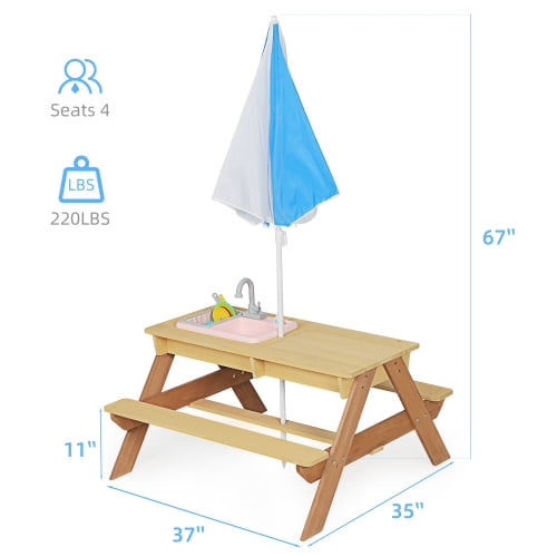 HappyToysWorldWooden Kids Picnic Table with Umbrella, 3-in-1 Sand and Water Table, Outdoor Activity Center for Backyard Patio