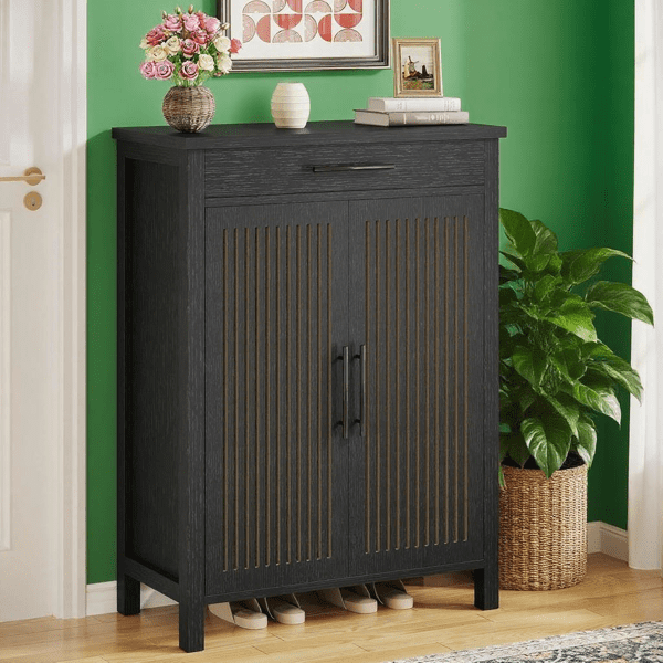 Entryway Shoe Cabinet with 5 Storage Tiers & Large Drawer, 2 Louvered Door Organizer Holds 20 Pairs, Farmhouse Style MDF Construction w/ Anti-Tip
