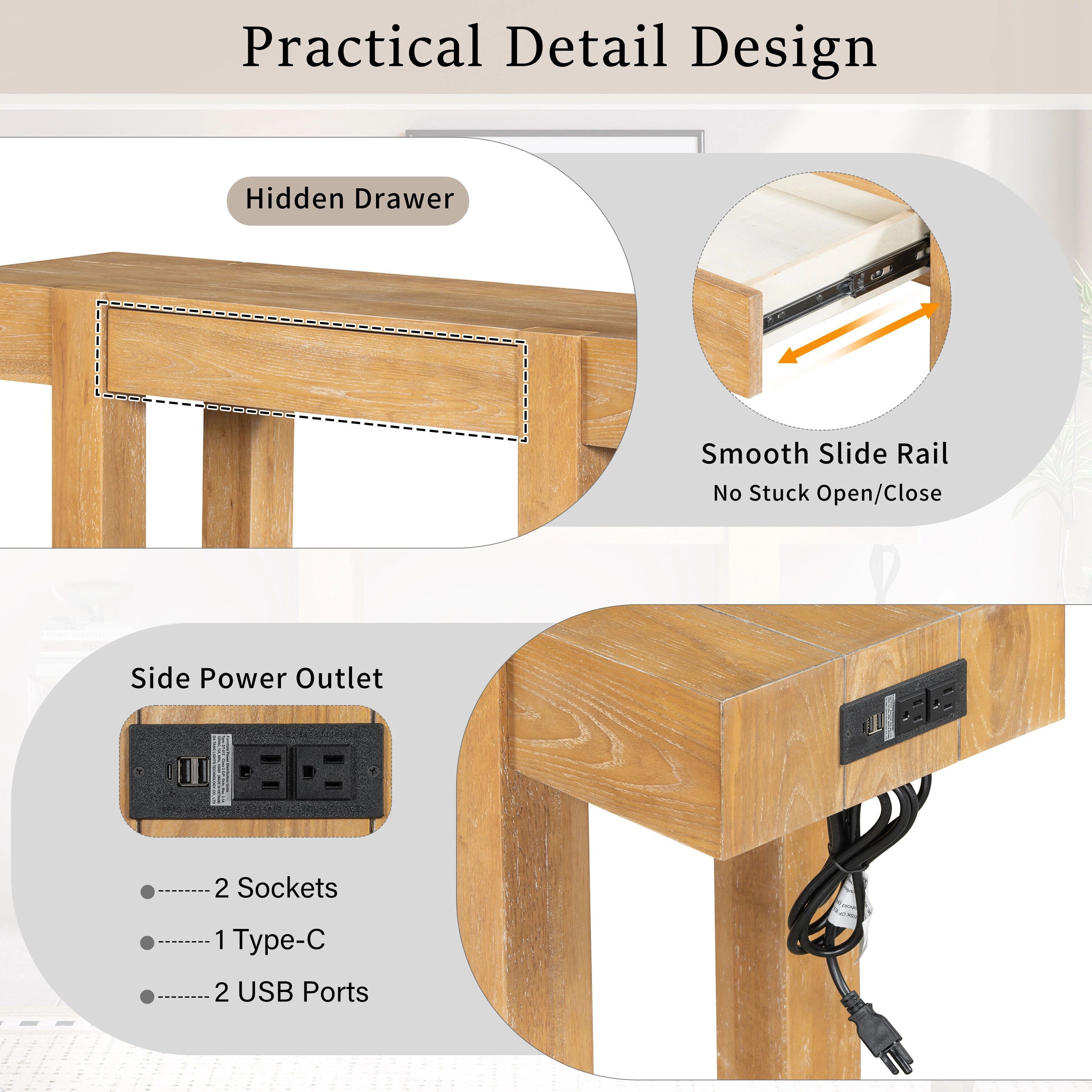 Euroco 47" Rustic Minimalist Console Table with Hidden Drawer & Side Power Outlet, Accent Entryway Table Sofa Table for Hallway Foyer Living Room,Natural