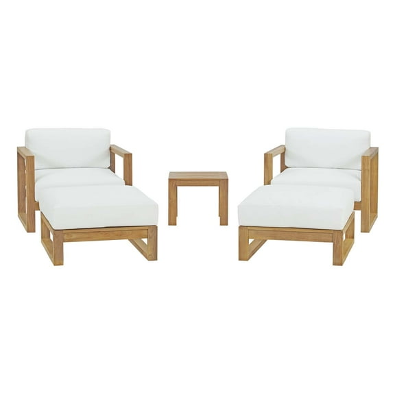 Lounge Sectional Sofa Chair Table Set, White Natural, Teak Wood, Fabric, Modern Contemporary, Outdoor Patio Balcony Cafe Bistro Garden Furniture Hotel Hospitality